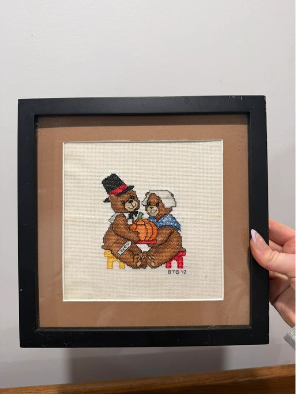 Vintage Framed Cross Stitch Teddy Bears November Pumpkin pilgrim thanksgiving